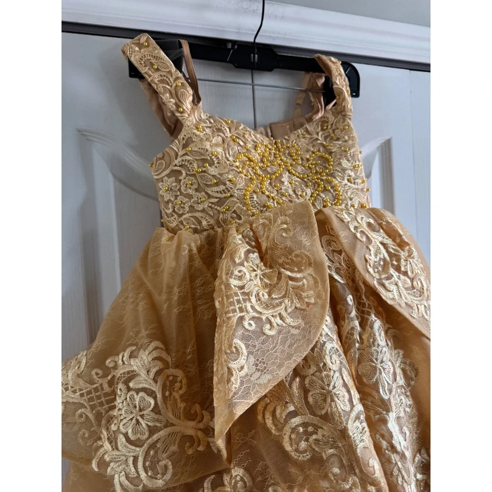 Girls Gold Lace Pageant Dress High Low Flower Girl Gown‎ Beaded Tulle Size 8-10